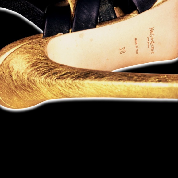 Yves Saint Laurent Montaig Leather 105 Strappy Sandal Platform Heels Nero/Gold - Picture 8 of 11